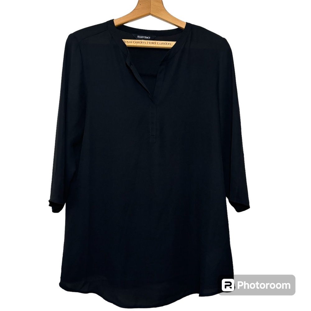 Ellen Tracy tunic style v-neck semi sheer black blouse. Women’s size Medium